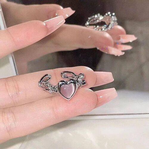 Fashion Heart Ring Cat Eye Peach Heart Adjustable Women Desi