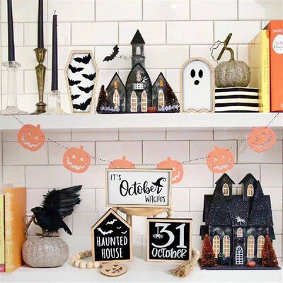 6Pcs Halloween Tiered Tray Decor Bat Coffin Haunted House