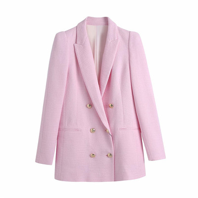 Evfer Spring Autumn Fashion Girl Double Breasted Za Pink Lon