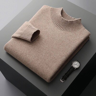 Winter Double Thick Mens Cashmere Sweater With Semi-High Ne