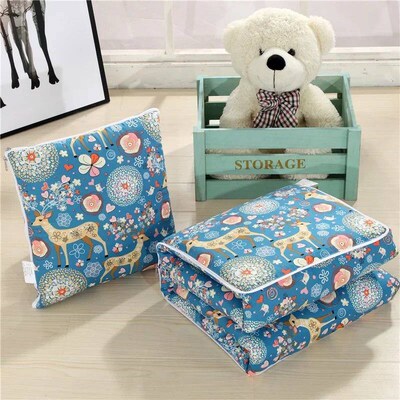 2 in 1 Cute Deer Flower Print Pillow Quilt,Cartoon Foldable