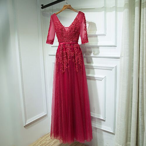 Beauty-Emily Lace V Neck Evening Dresses Long 2023 Appliques