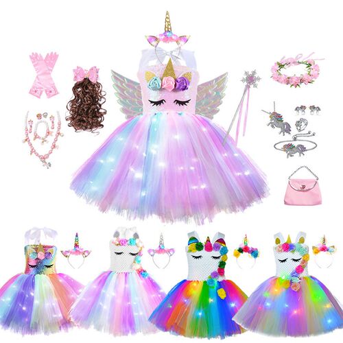 Girls Shiny Unicorn Tutu Dress Glowing Kids Unicorn Dresses
