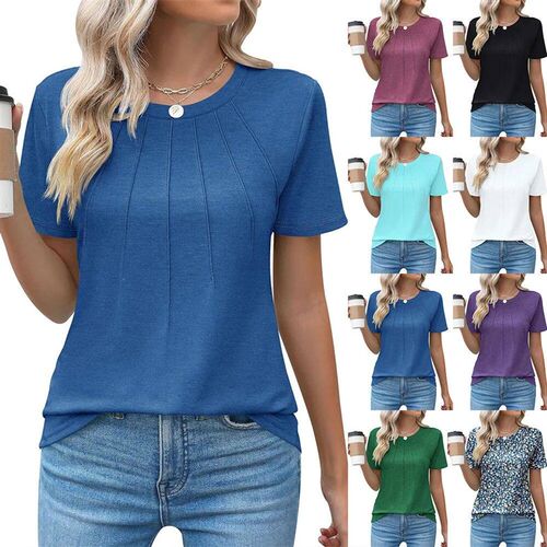 Womens Casual Crew Neck Short Sleeve Pleated ops Blouses Fas