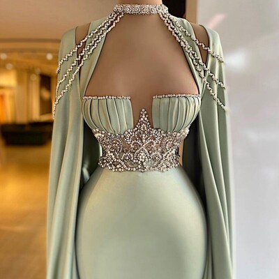 Elegant Satin Crystals Evening Gowns Halter Long Detachable