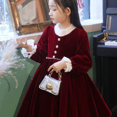 Wine Red Princess Dress Little Girls Birthday French Autumn