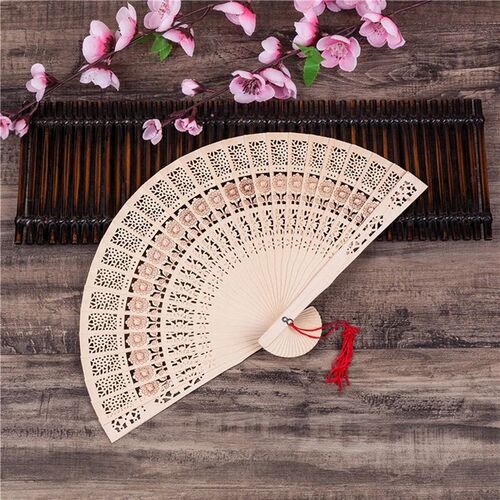 Fashion Wedding Hand Fragrant Carved Bamboo Folding Fan Chin