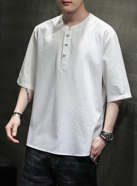 Summer Mens Solidcolor Icy Hemp Casual Hanfu Chinese Style O