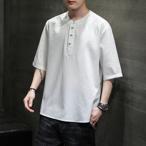 Summer Mens Solidcolor Icy Hemp Casual Hanfu Chinese Style O