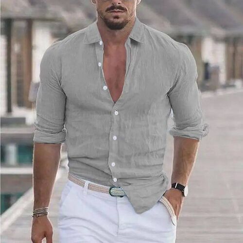 Blouse men new summer cotton linen lapel beach shirt turn do