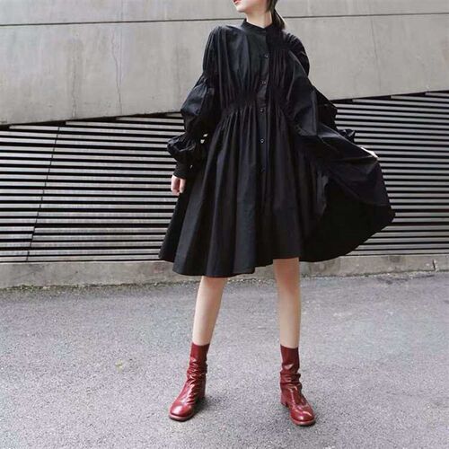 Dress Fashion tendy Pleated Lantern Sleeve Large Swing Shirt