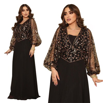 Luxury Abaya Party Black Dresses for Women Sequins Mesh Yarn