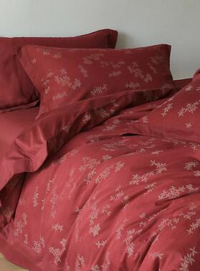 国风新中式浪漫大红色结婚庆裸睡提花全棉四件套纯棉