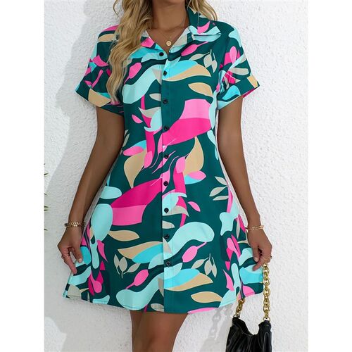 Women Shirt Dress Summer Lapel Button Short Sleeve Dress