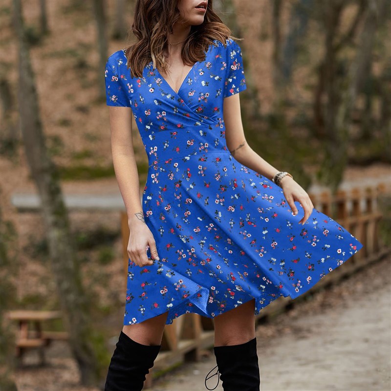 Casual Short Sleeve Party Dress Retro Robe Women V-Neck图片