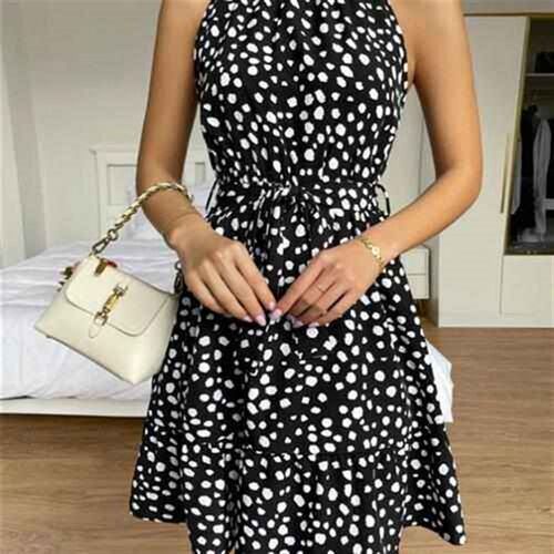 Womens Sleeveless Polka Dot Lace-up Ruffle Dress