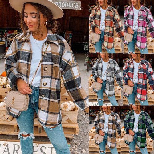 2025ebay Fashion Large Plaid Shirt Womens Woolen at