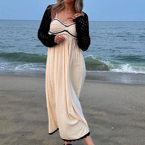 Fashion Knitted Patchwork Suspender Maxi Dress For Women Sex
