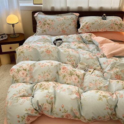 4pc Cotton Bedding Set Duvet Quilt Cover Bed Fitted Sheet 被
