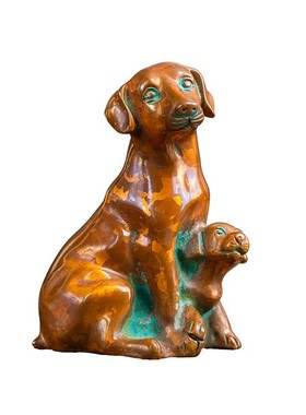 云南斑铜子母旺财狗客厅书房办公室装饰萌狗铜摆件