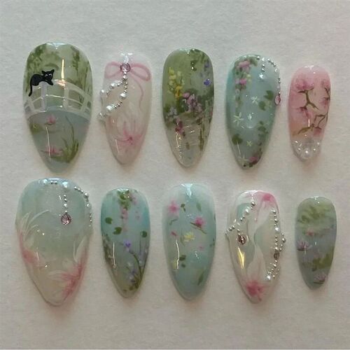 24Pcs Pink Almond French Press on Nails With 3D Bow ripple c