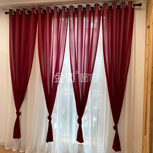 客厅卧室纱帘酒红色高密雪纺纱透光不透人花蕾红层窗纱防刮定制