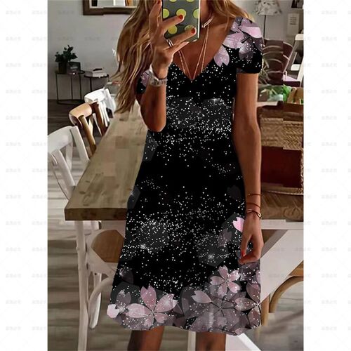 Vintage Face Print Women Dress V-Neck Half Sleeve A-Line