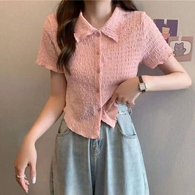 Lucyever Folds Cropped Shirts Women Preppy Style Lovely Retr