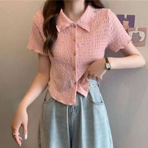 Lucyever Folds Cropped Shirts Women Preppy Style Lovely Retr