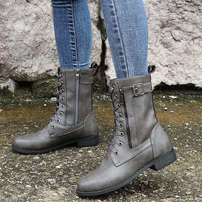 Pure Color Low Heel Mid Calf Boots with Front Laces for Wome