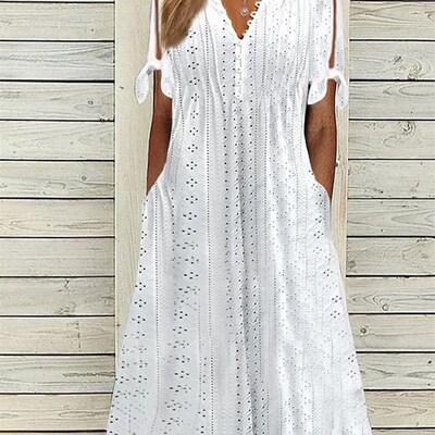 Summer New Womens Dress With Hollow Out V-neck Lace Ruffles