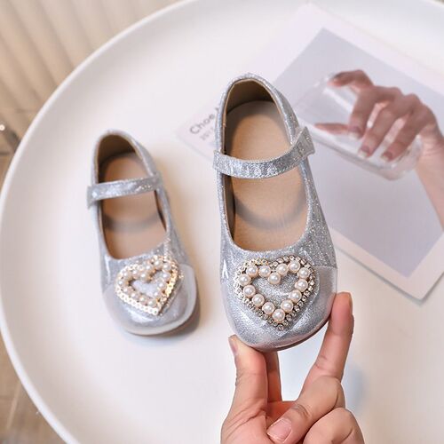 Girls Silver Small Leather Shoes, Soft-soled Childrens Sho