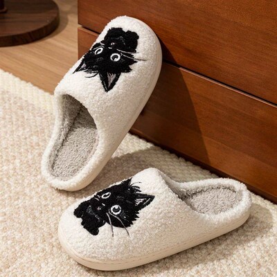 Winter Womens Slippers Indoor Cartoon Black Cat Cute Girls