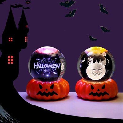 6cm 3D Crystal Ball with Pumpkin Base 3D Spider Web Skull