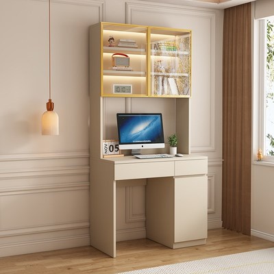 实木书桌书架一体靠墙带书柜写字台书柜桌家用学生学习桌书房整墙