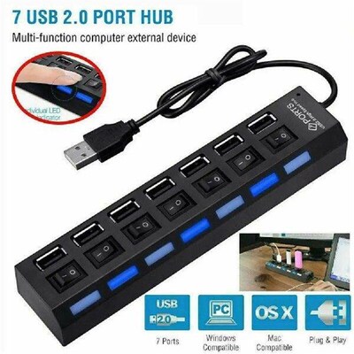 USB 2.0 Hub 7 Port USB A 7in1 Data Splitter With