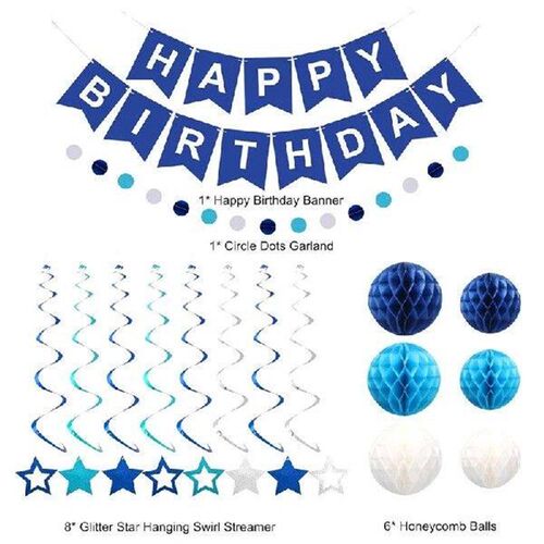 Blue Birthday Decorations, Happy Birthday Banner With