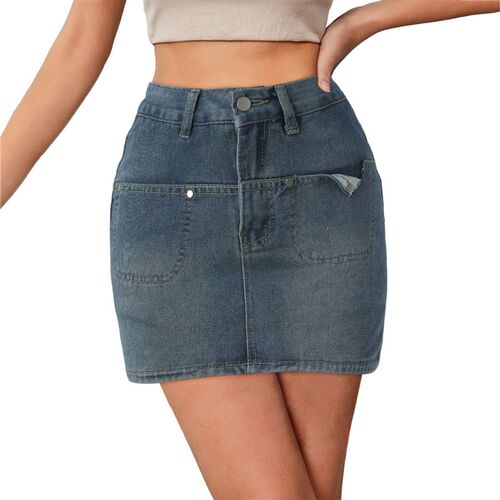 Low Waist Cargo Skirt Women Button Mini Cargo Denim Skirt