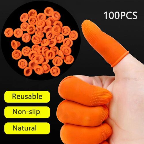 100PCS Finger Cots Orange Reusable Natural Rubber Latex Non-