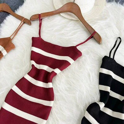 Summer Stripe Elastic Bodycon Strap Dress 2024 Sexy Beach Su