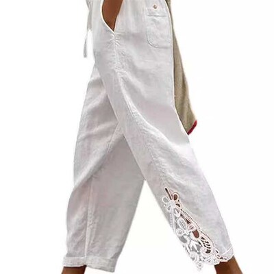 Womens Lightweight Lace Panel Casual Pants, Ankle Cropped