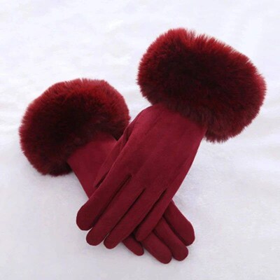 Female Faux Rabit Fur Suede Leather Touch Screen Driving Glo
