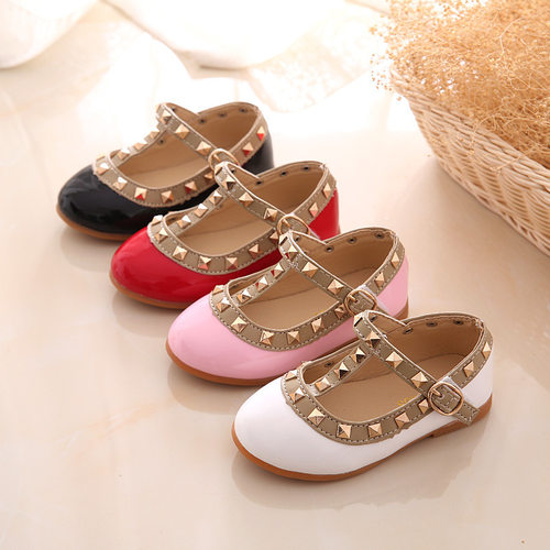 New Girls Sandals Rivets Single Shoes Kids Leather Shoes chi