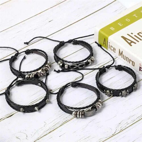 6pcs/Set Black Punk Skull & Star Shaped Alloy & Pu Leather B