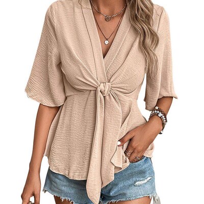 Summer Wrap VNeck Solid Shirt for Women in Europe and Americ