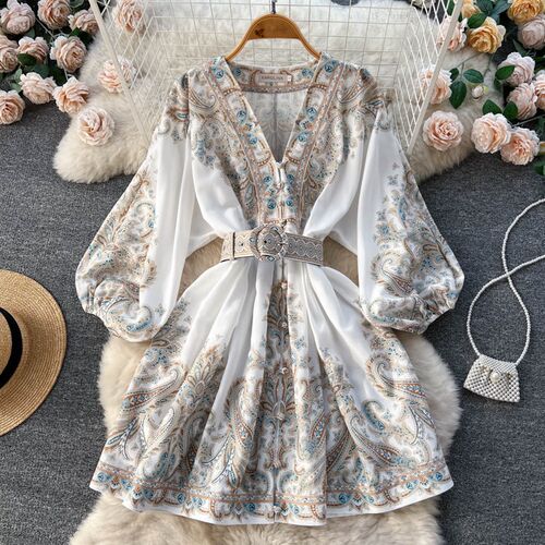 Spring New French Retro Printing Single-breasted V-neck