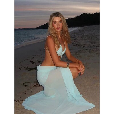 Mesh Halter Beach Dress Split Hollow Out Bikini Solid Color