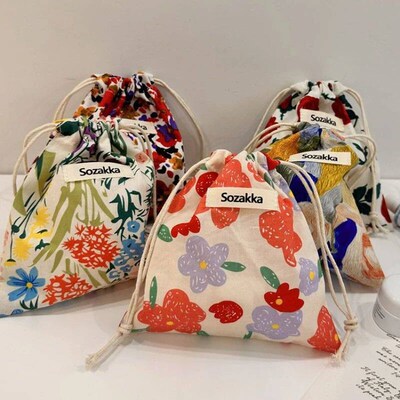Cotton Fabric Floral Small Drawtring Bag Liptick Toiletry Ma