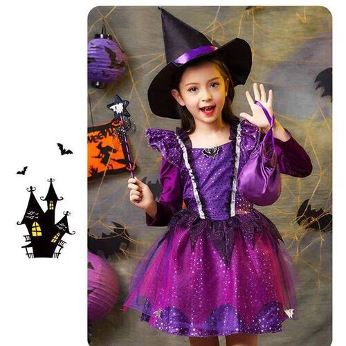 Kids Witch Costume Halloween Cosplay Dress Glittery