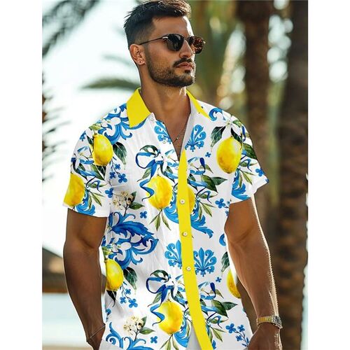 Lemon Tropical Mens Resort Hawaiian D Printed Shirt Button